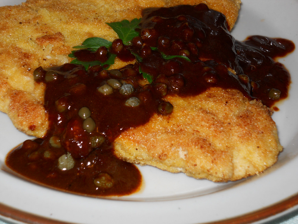 Polenta crusted chicken with Balsamic caper sauce