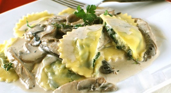 Spinach & Ricotta Ravioli in Creamy Mushroom Sauce