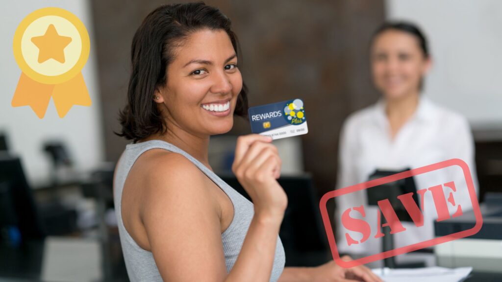 Image of a hotel reception desk with a rewards sign