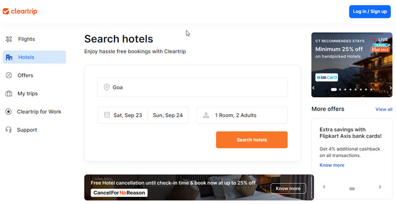A screenshot of the Cleartrip hotel bookings website, displaying a search form and hotel options for booking.