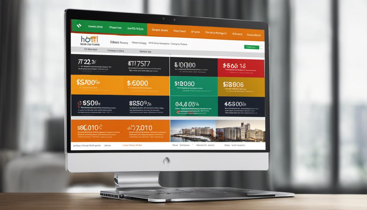 A laptop screen showing hotel comparison tools with different hotel options and prices